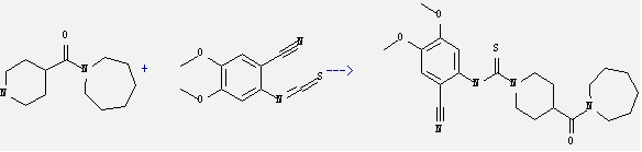 Methanone,(hexahydro-1H-azepin-1-yl)-4-piperidinyl- and 3,4-Dimethoxy-6-isothiocyanatobenzonitrile can be used to produce 4-(azepane-1-carbonyl)-piperidine-1-carbothioic acid (2-cyano-4,5-dimethoxy-phenyl)-amide